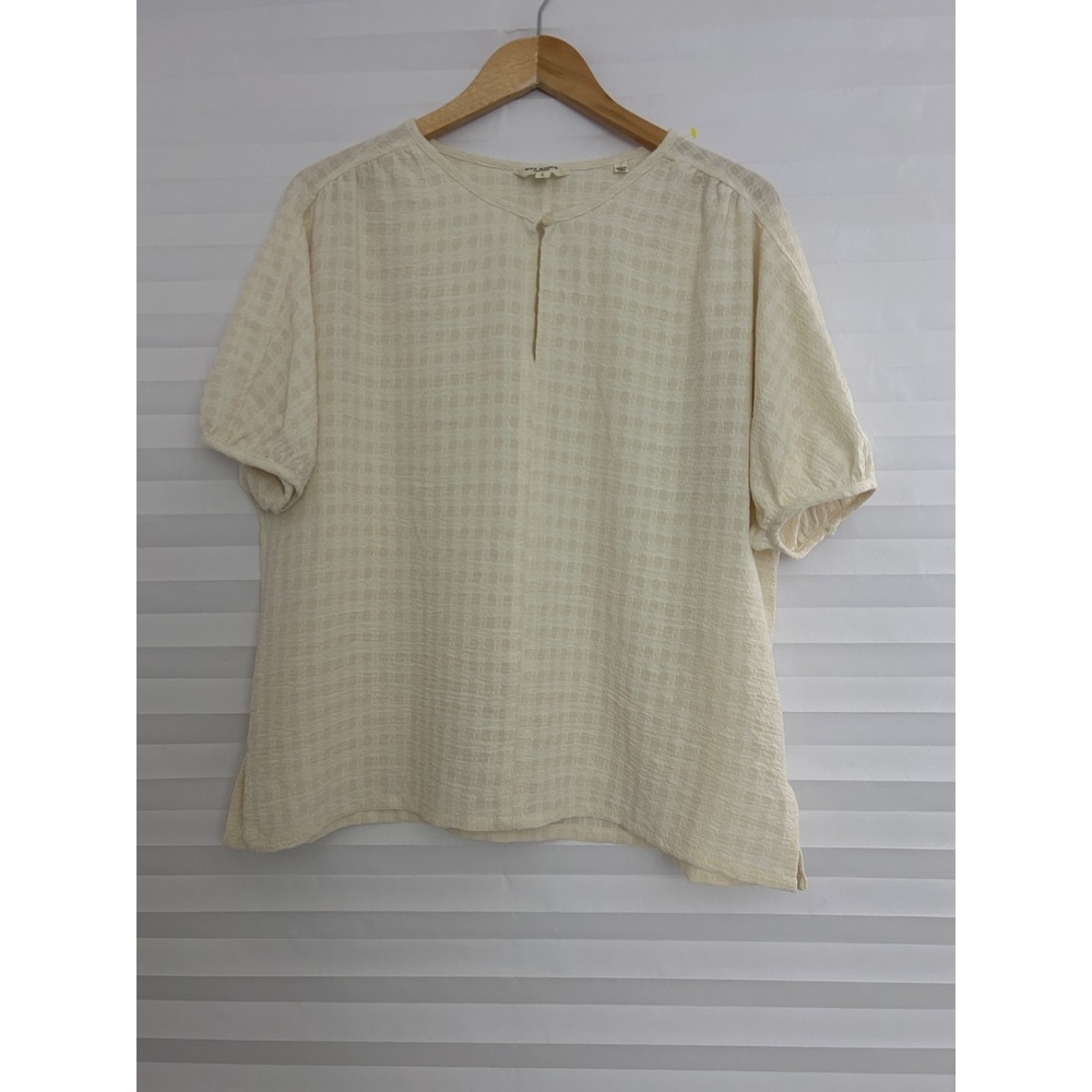 Max Studio London Ivory Textured Grid Short Sleeve Blouse Size L Minimalist